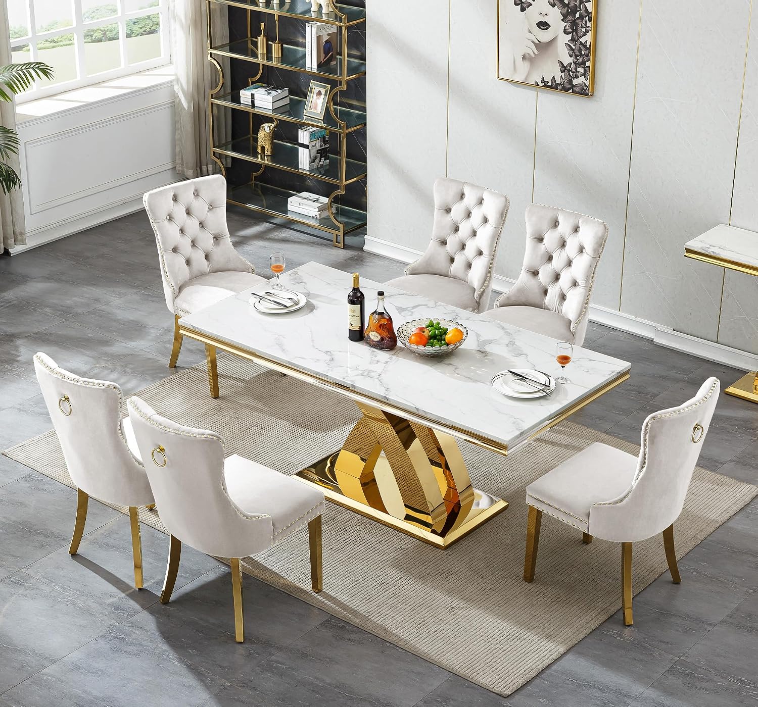 68' Luxury Rectangular Marble Dining Table for 4 to 6, White Faux Marble Kitchen Table with Gold X Shape Stainless Steel Pedestal, Modern Kitchen Dining Room Table for Breakfast Dinette Dinner Party