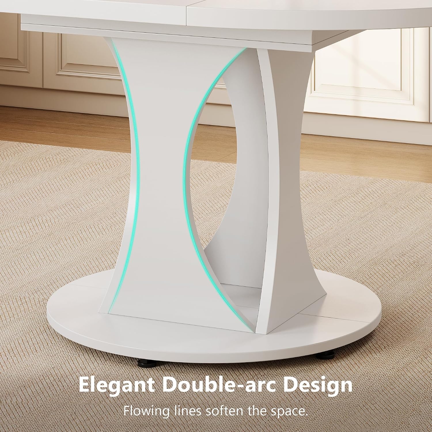 Einhomn Round Dining Table for 4-6, Kitchen Table with Sturdy Double Arc & Rounded Base & Backboard Clasp Desktop, Mid-Century Modern Circle Dinner Table for Dining Living Room, Space Saving, White