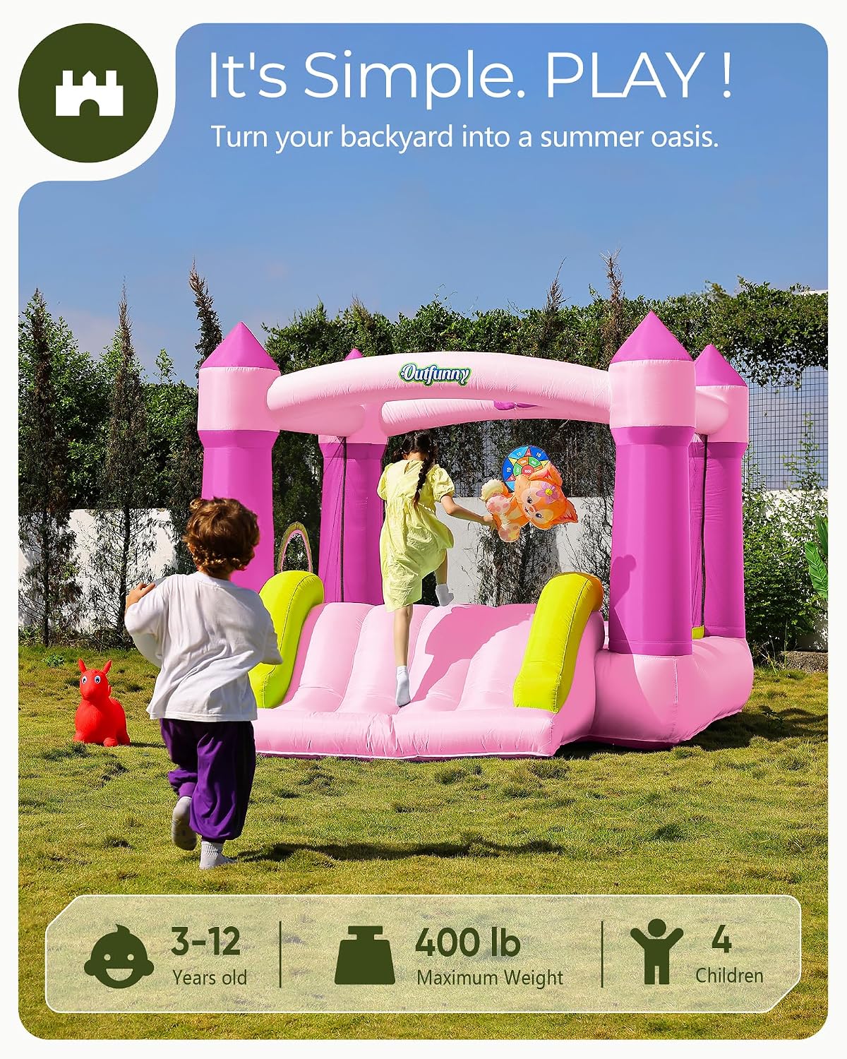 Outfunny Bounce House with Slide, Inflatable Bouncy House for Kids 3-12, Outdoor&Indoor, Bounce Area 8'x8', Capacity 400 lb - Pink