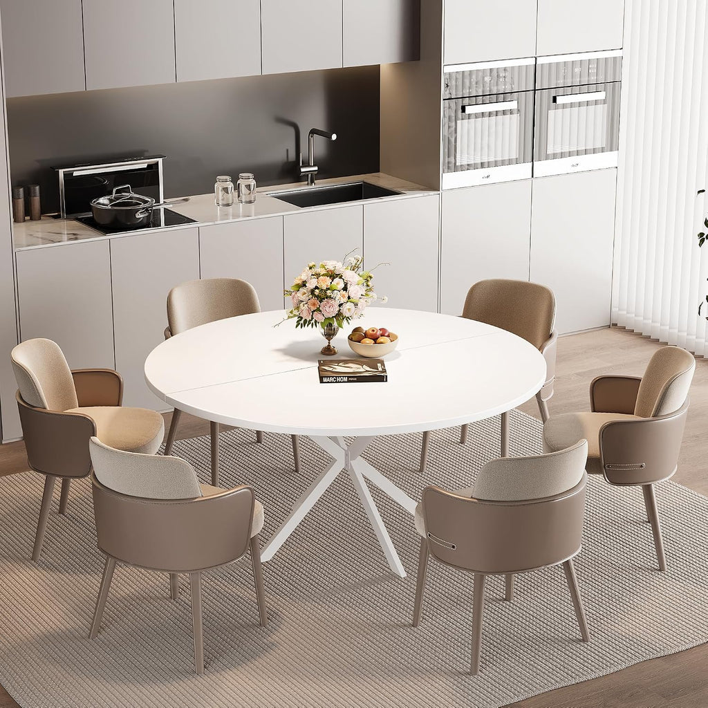 47.24' Round Dining Table for 4-6 Person, Round Kitchen Table with Wood Top, Circle Dinner Pedestal Tables with Metal Legs for Dining Room Kitchen (White)