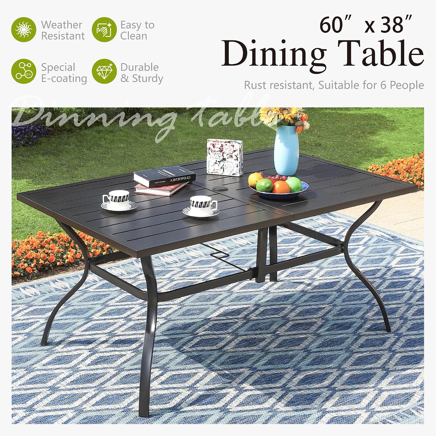 Sophia and William Patio Dining Set for 6, Outdoor Table and Chairs, Removable Seat Cushions, 60' Black Patio Dining Table,Blue