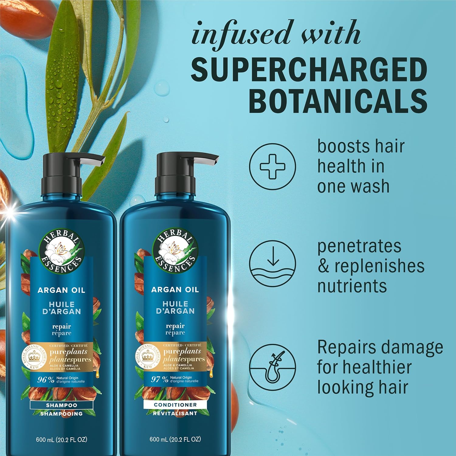 Herbal Essences Argan Oil Repair Shampoo & Conditioner Set, Moisturizes & Smoothes, Paraben-Free, Color-Safe, pH-Balanced, Citrus Scent, 20.2 Fl Oz, 8-Pack