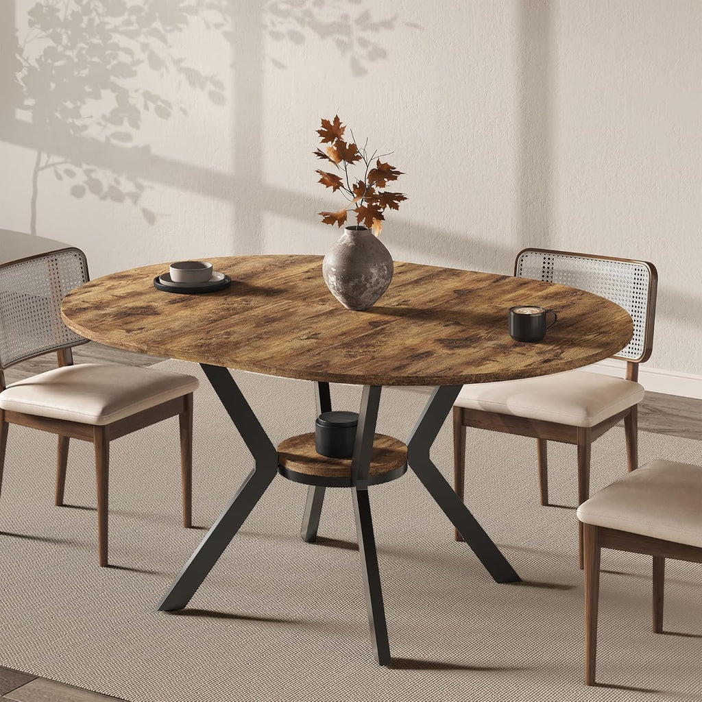 42'-58' Extendable Oval Dining Table for 4-6, Kitchen Round Table with Hidden Leaves & Storage Shelf, Space Saving Modern Design with Sturdy Metal Legs for Kitchen, Dining Room & Small Apartments
