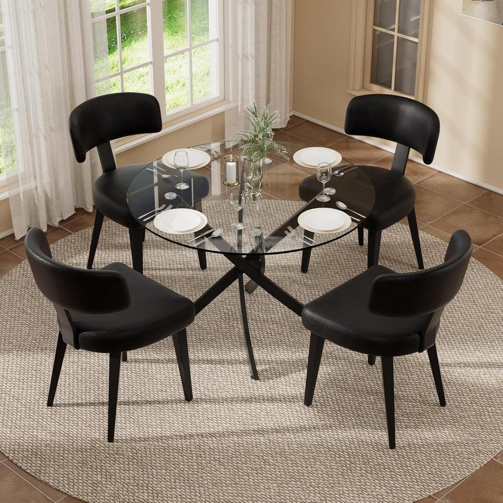 Small Dining Table Set for 4, 36' Round Kitchen Table with 4 PU Leather Dining Chairs, Tempered Glass Top with Metal Legs(All Black)
