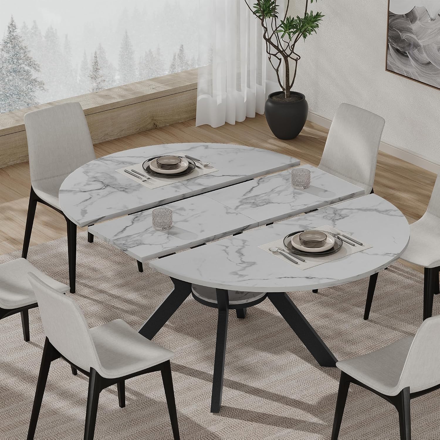 42'-58' Round Extendable Dining Table for 4-6, Kitchen Oval Table with Hidden Leaves & Storage Shelf, Space Saving Modern Design with Sturdy Metal Legs for Kitchen, Dining Room & Small Apartments