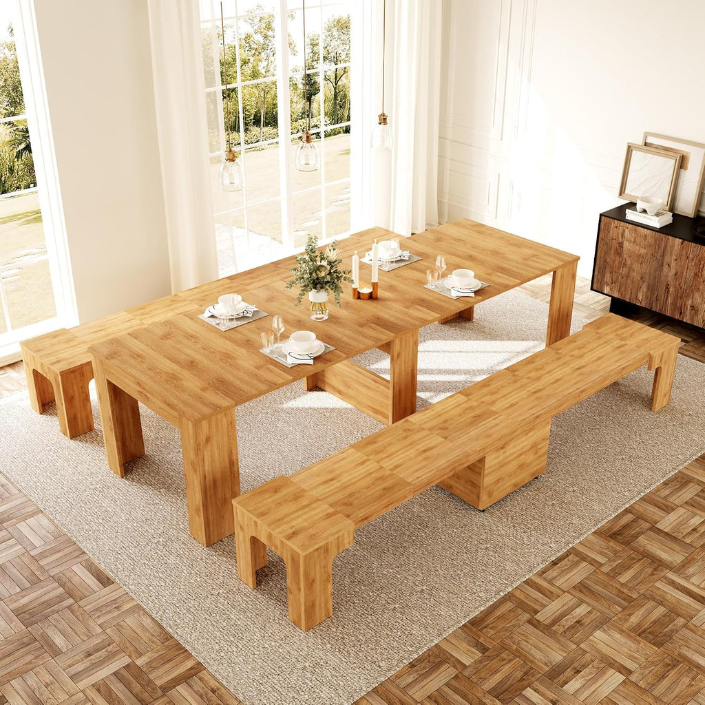 HIPIHOM 17.7'-118' Extendable Dining Table with 2 Benches, Extension Table Set with Extension Leaves Holder, Space-Saving Extra Long Dining Table Set for Meeting, Dining Room(Oak Table+2 Benches)
