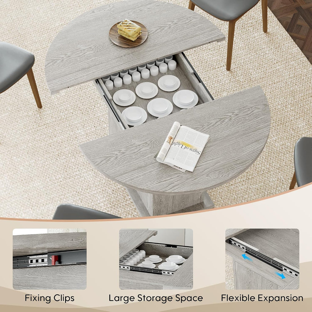 43.3in-59in Extendable Round Dining Table for 4-8, Modern Expandable Kitchen Oval Dining Table, Space Saving Circle Dining Room Table with Storage Shelf for Kitchen Living Room (Grey)