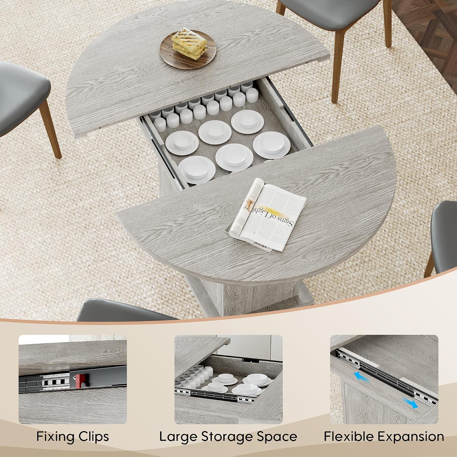 43.3in-59in Extendable Round Dining Table for 4-8, Modern Expandable Kitchen Oval Dining Table, Space Saving Circle Dining Room Table with Storage Shelf for Kitchen Living Room (Grey)