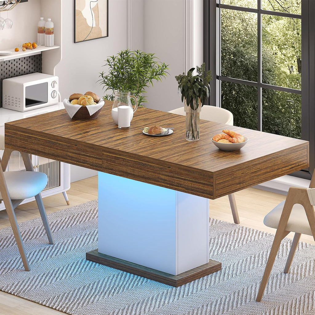 Dining Table with Drawers for 4-6 People, 55 Inches Dinner Table with Led Lights Wooden Pedestal Base, Rectangular Kitchen Table for Kitchen, Living Room, White& Rustic Brown