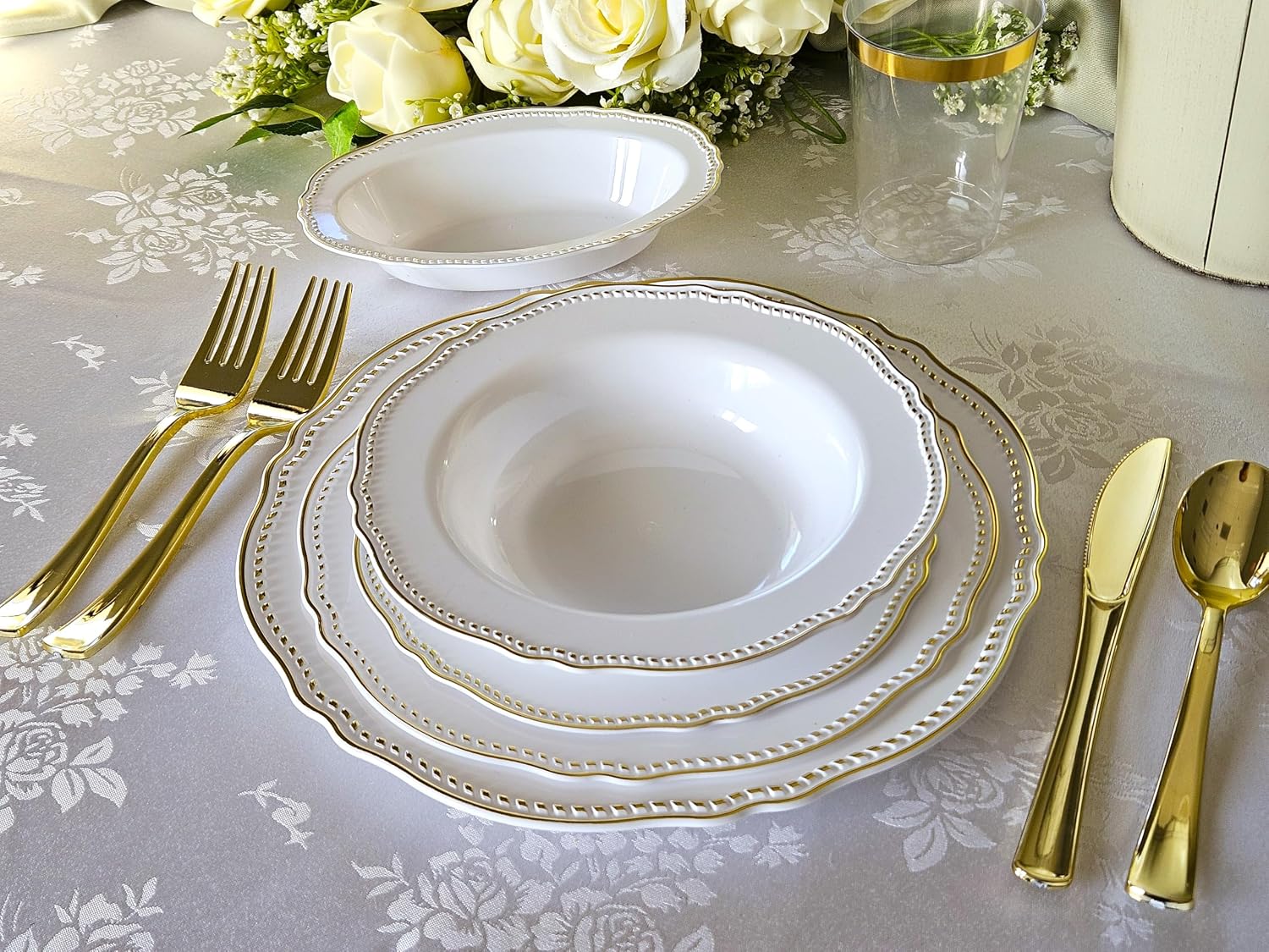 ' OCCASIONS ' 640pcs set (80 Guests)-Heavyweight Wedding Party Disposable Plastic Plate Set -80 x 10.25'' + 80 x 7.5'' + Silverware + Cups + Napkins (Rochelle White and Gold)