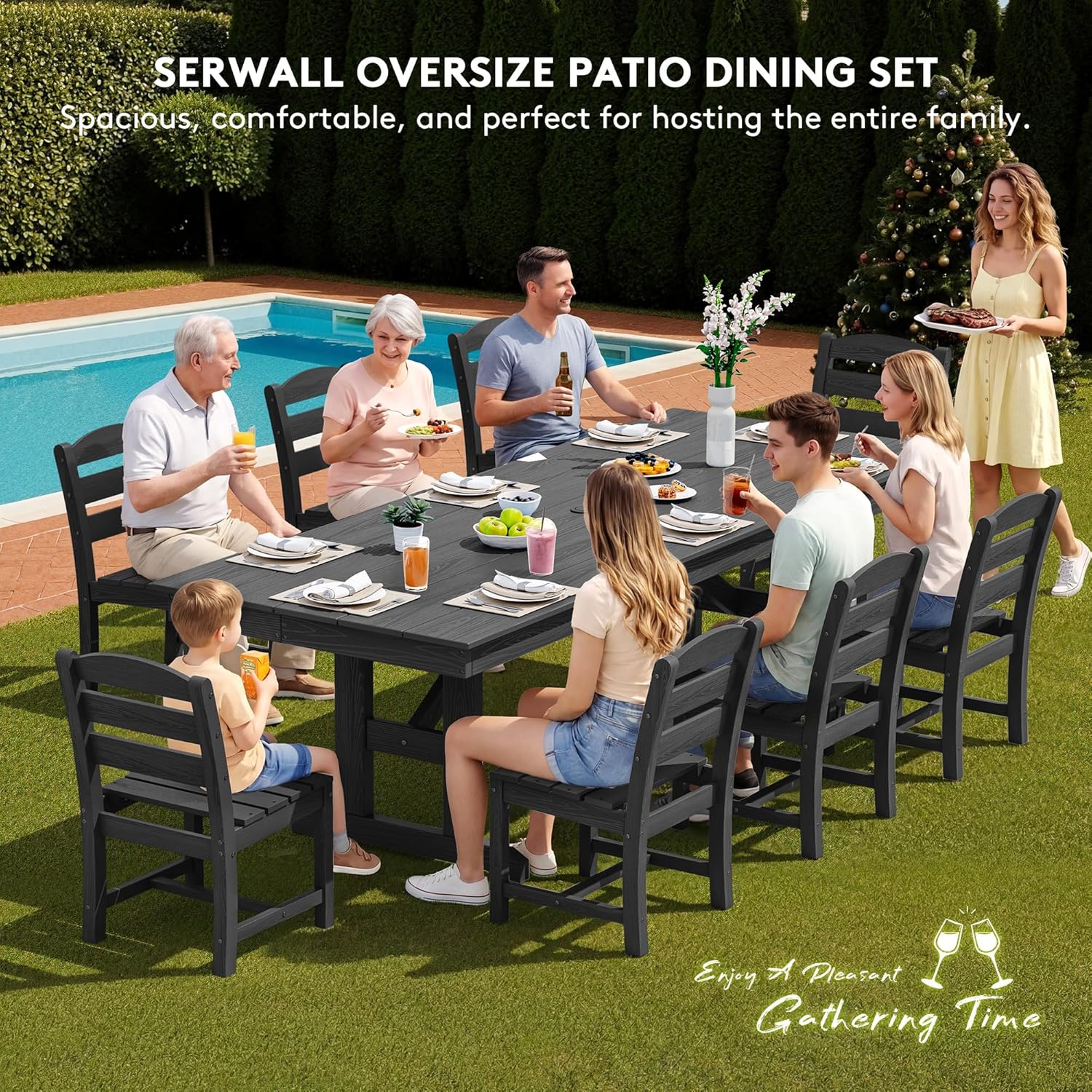 SERWALL 9 Piece Outdoor Dining Set, 84' HDPE Outdoor Table and Armless Chairs Set for 8，All Weather Patio Furniture Set with Umbrella Hole for Backyard, Garden, Black