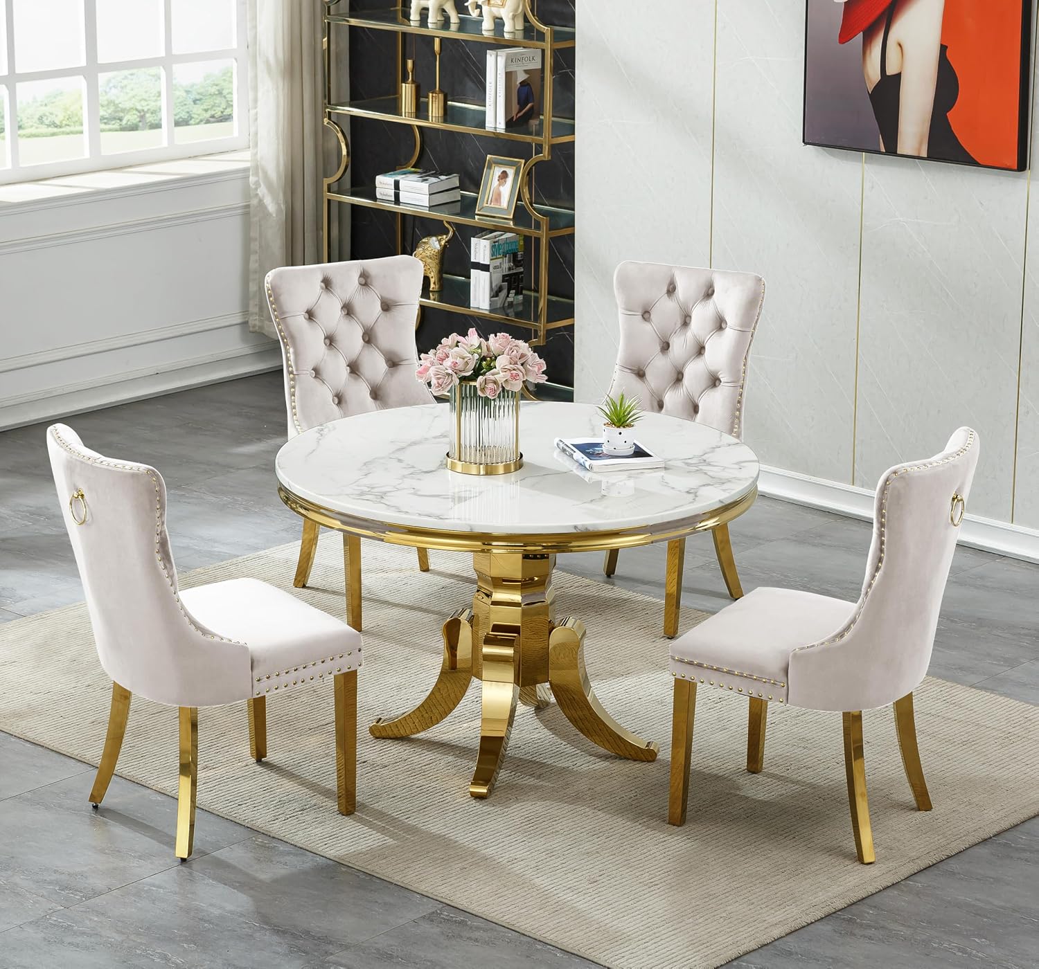 45 inch Round Marble Dining Table for 4 to 6, Modern Circular White Faux Marble Kitchen Table with Gold Stainless Steel Leg, Round Kitchen Dining Room Table for Breakfast Dinette Dinner Dinning Room