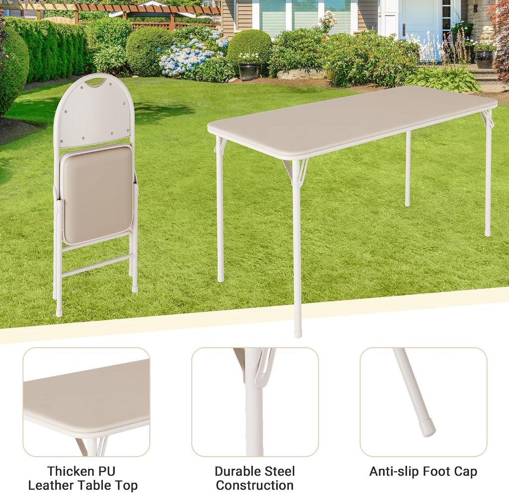 coucheta 5-Piece Rectangle Folding Table and Chairs Set, Foldable Portable Card Table and Chairs, Scratch & Stain Resistant Tabletop, for Dining Room, Living Room, Office, Camping, Gatherings, Beige