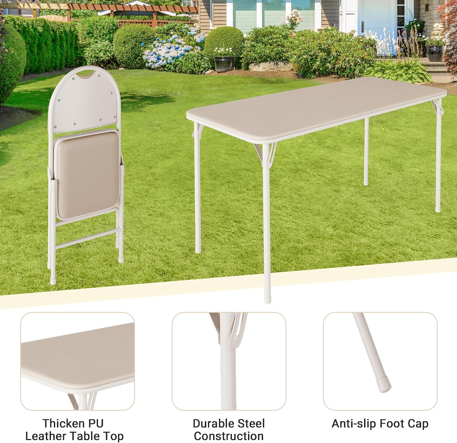 coucheta 5-Piece Rectangle Folding Table and Chairs Set, Foldable Portable Card Table and Chairs, Scratch & Stain Resistant Tabletop, for Dining Room, Living Room, Office, Camping, Gatherings, Beige