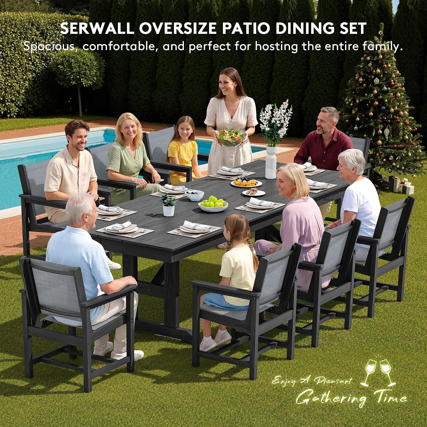 SERWALL Outdoor Dining Chairs Set of 2, All-Weather HDPE Textilene Sling Dining Chair for Backyard, Garden, Black