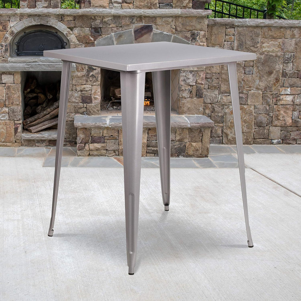 EMMA + OLIVER Commercial Grade 31.5' Square Silver Metal Indoor-Outdoor Bar Height Table