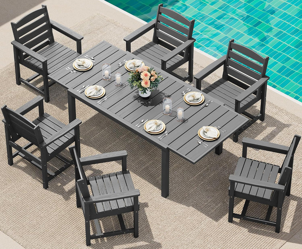 SERWALL 7-Piece Patio Dining Sets, 60' - 83' Expandable Outdoor Dining Table and 6 HDPE Chairs, All Weather HDPE Outdoor Furniture Set for Backyard, Garden, Grey