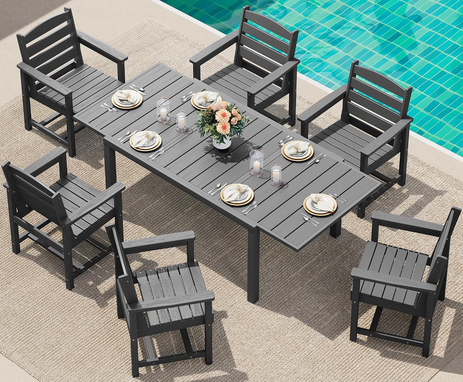 SERWALL 7-Piece Patio Dining Sets, 60' - 83' Expandable Outdoor Dining Table and 6 HDPE Chairs, All Weather HDPE Outdoor Furniture Set for Backyard, Garden, Grey