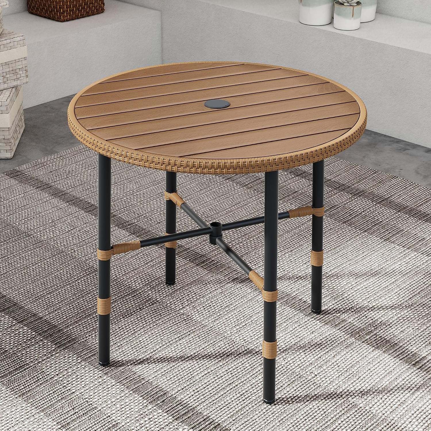 DWVO Outdoor Patio Dining Table Round for 4 35.4' Outdoor Tables with Umbrella Hole & Adjustable Levelers All-Weather Bistro Table with Metal Frame for Lawn Garden Backyard