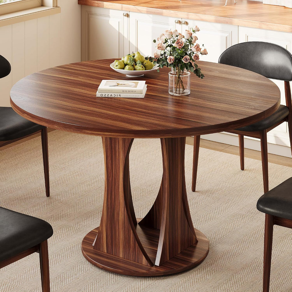 Einhomn Round Dining Table for 4-6, Kitchen Table with Sturdy Double Arc & Rounded Base & Backboard Clasp Desktop, Mid-Century Modern Circle Dinner Table for Dining Living Room, Space Saving, Walnut