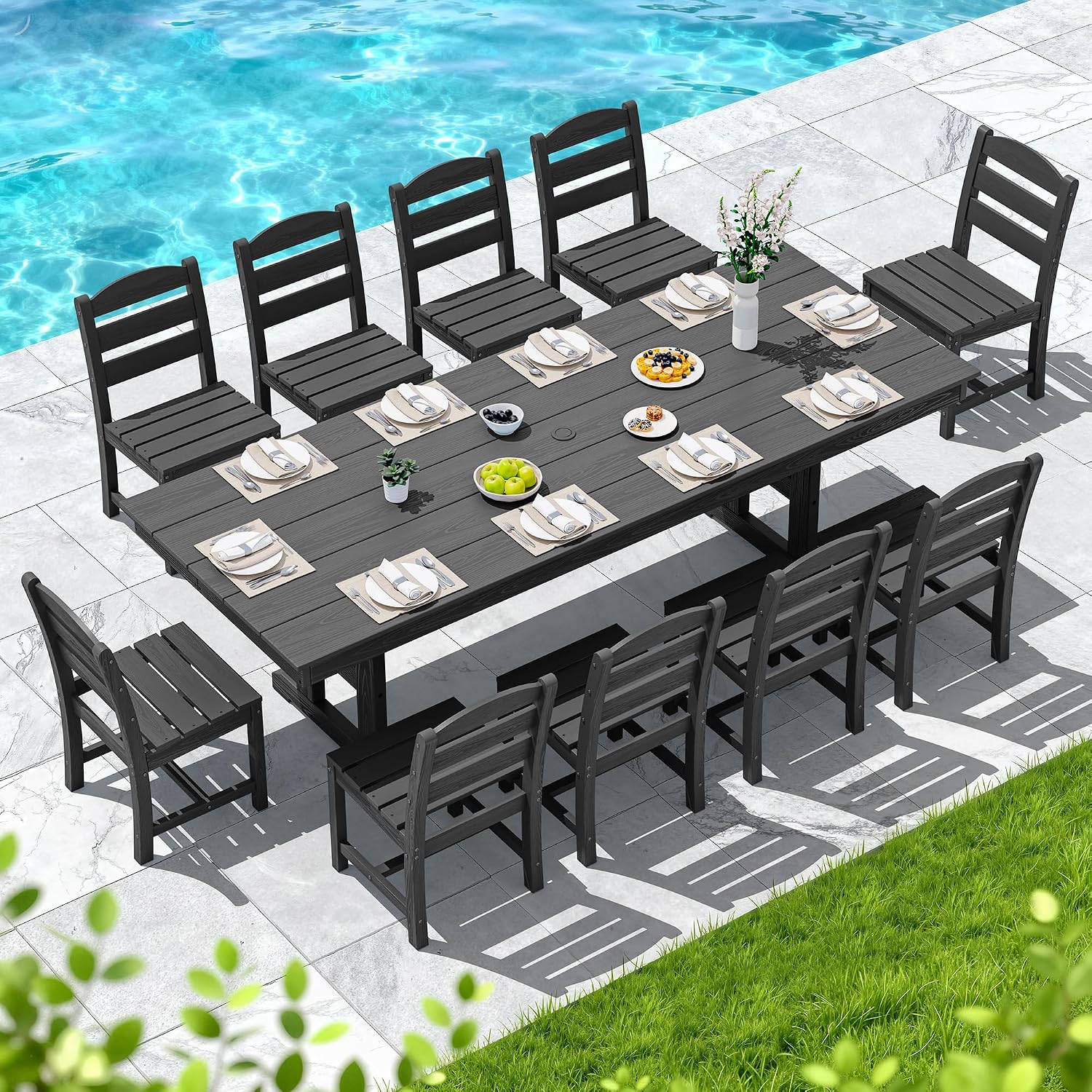 SERWALL Outdoor Dining Table, 84' Rectangular Dining Table for 6-10 Person, All Weather HDPE Outdoor Furniture for Backyard, Garden, Black