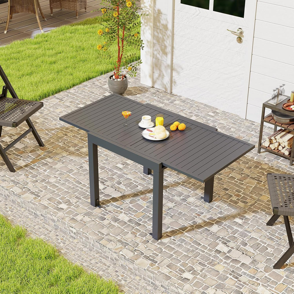 HAPPYGRILL Expandable Patio Dining Table Aluminum Outdoor Table for 4-6 Person with Slatted Tabletop, Square Rectangular Folding Patio Table for Porch, Lawn, Garden