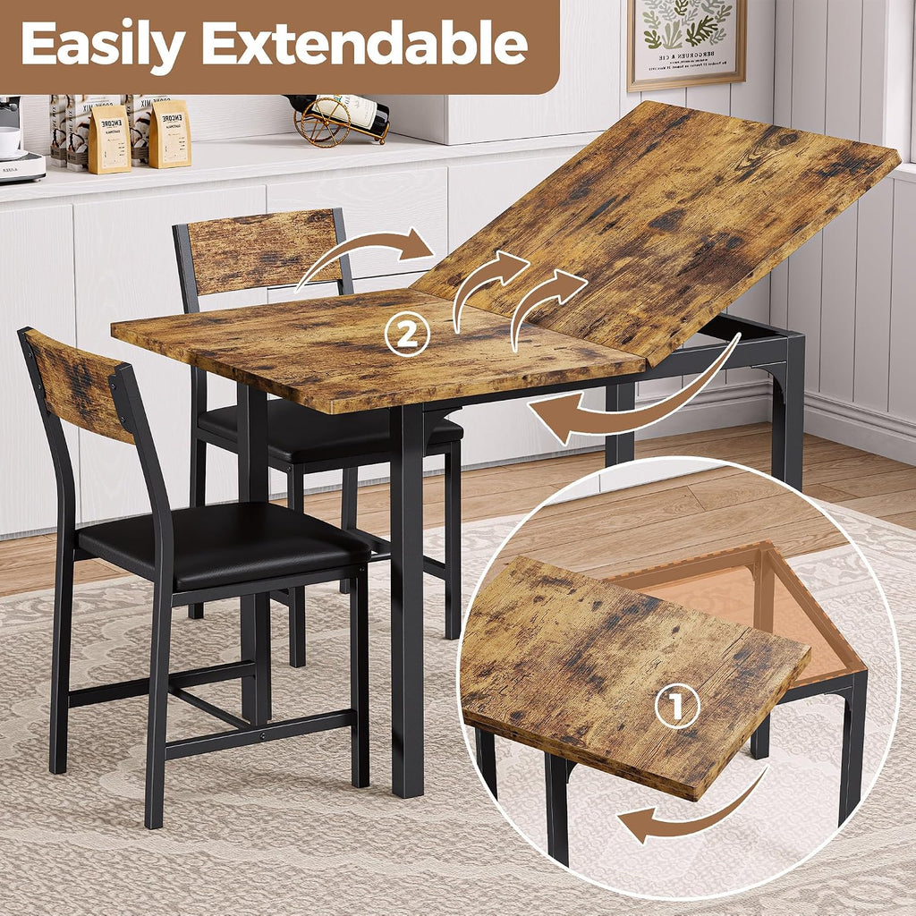 IRONCK 5-Piece Dining Table Set for 4, Extendable Kitchen Table Chairs Set of 4, Dining Room Table with 4 Upholstered Chairs, Folding for Small Space, Apartment, Rustic Brown