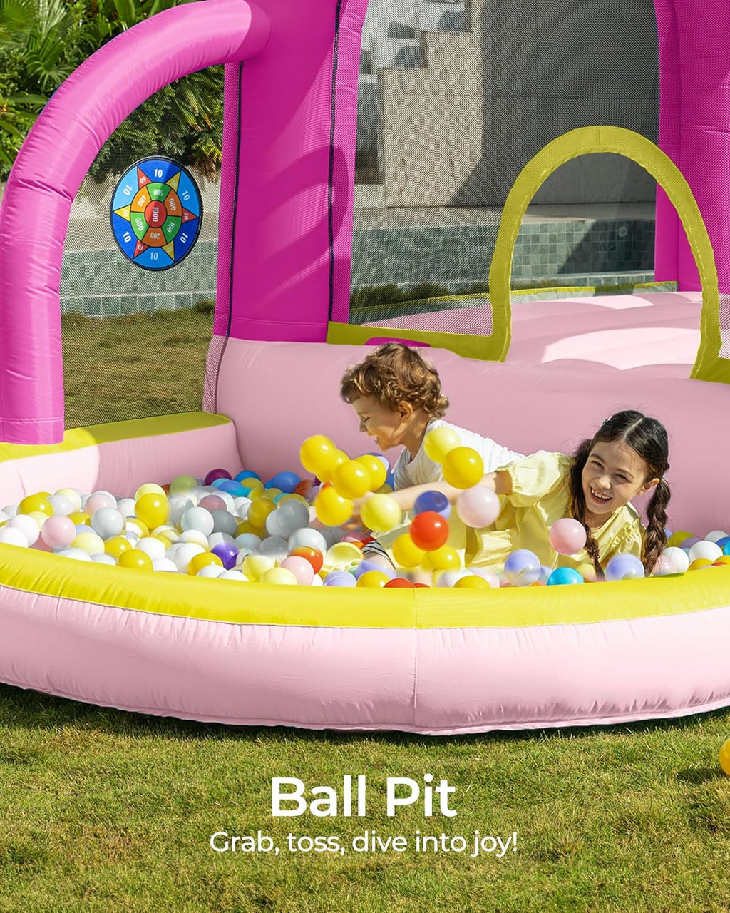 Outfunny Bounce House with Slide, Inflatable Bouncy House for Kids 3-12 w/Ball Pit, Outdoor & Indoor, Bounce Area 8'x8', Capacity 400 lb - Pink