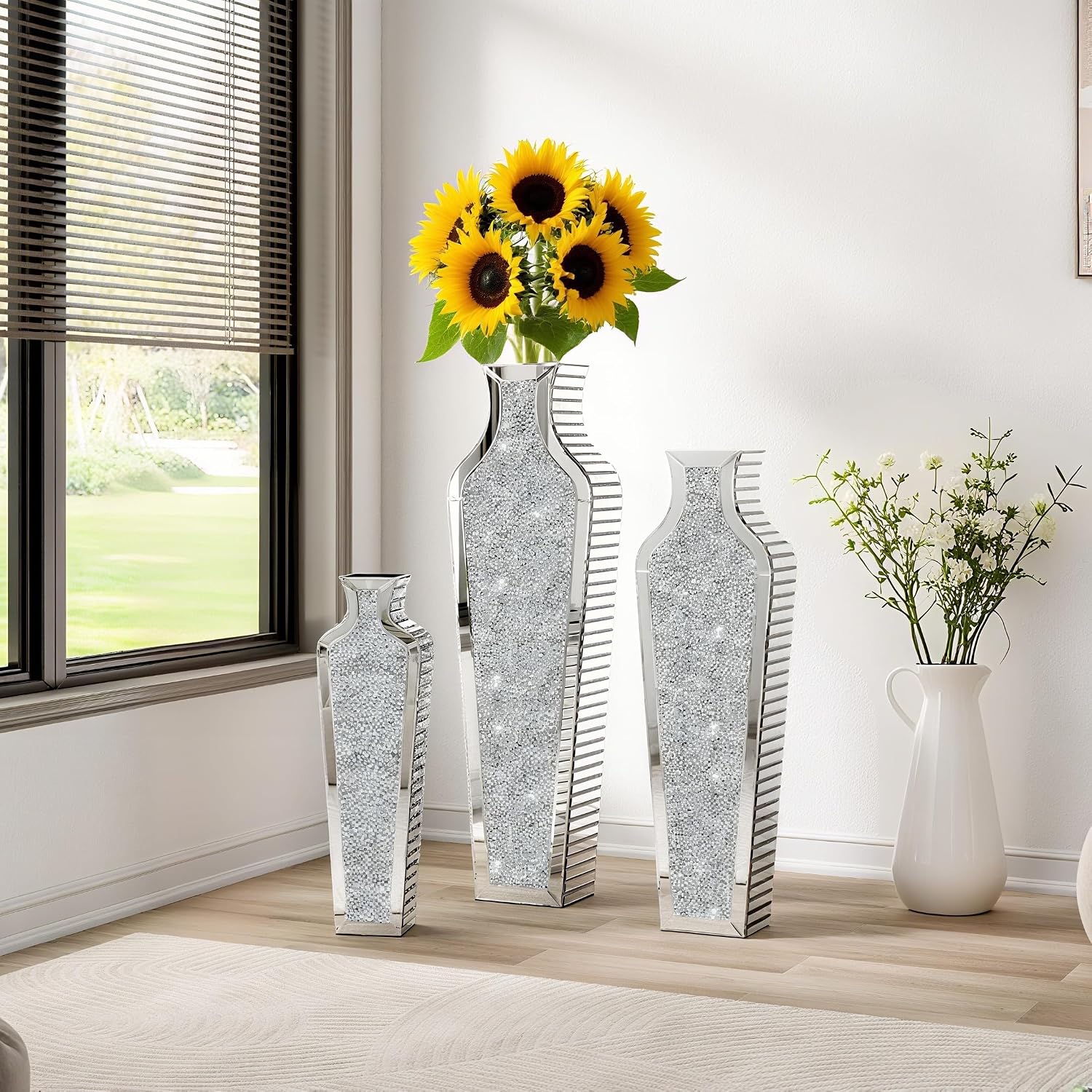SHYFOY 36 inch Floor Vase Crushed Diamond Decorative Mirrored Tall Vases for Decor Living Room, Large Silver Glass Floor Vase for Pampas Grass Artificial Flowers