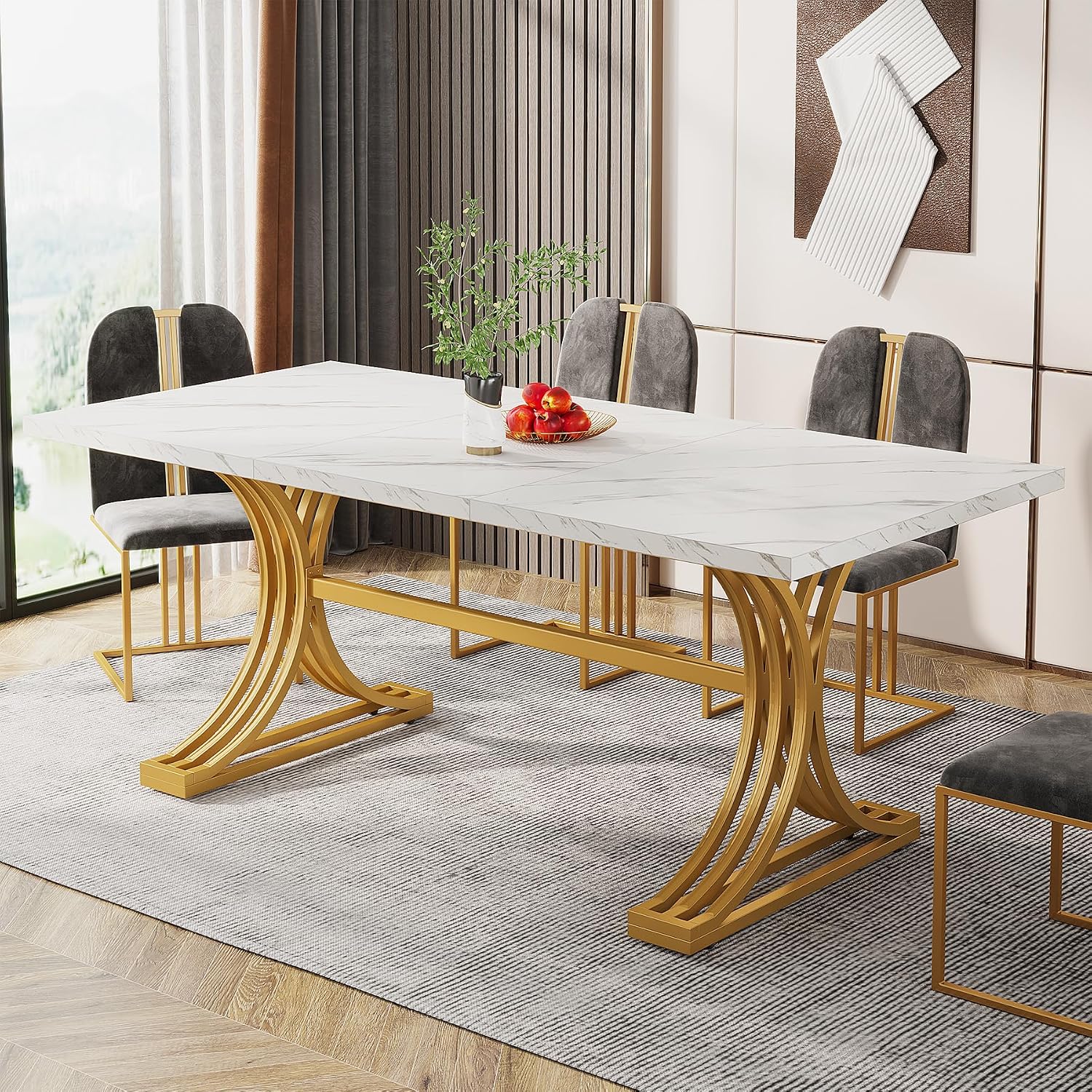 Tribesigns 63-Inch Rectangular Dining Table for 4 to 6, Modern Kitchen Tables with Stylish Metal Trestle Legs, Large Dinner Tables for Dining Room, Only Table (White+Gold)