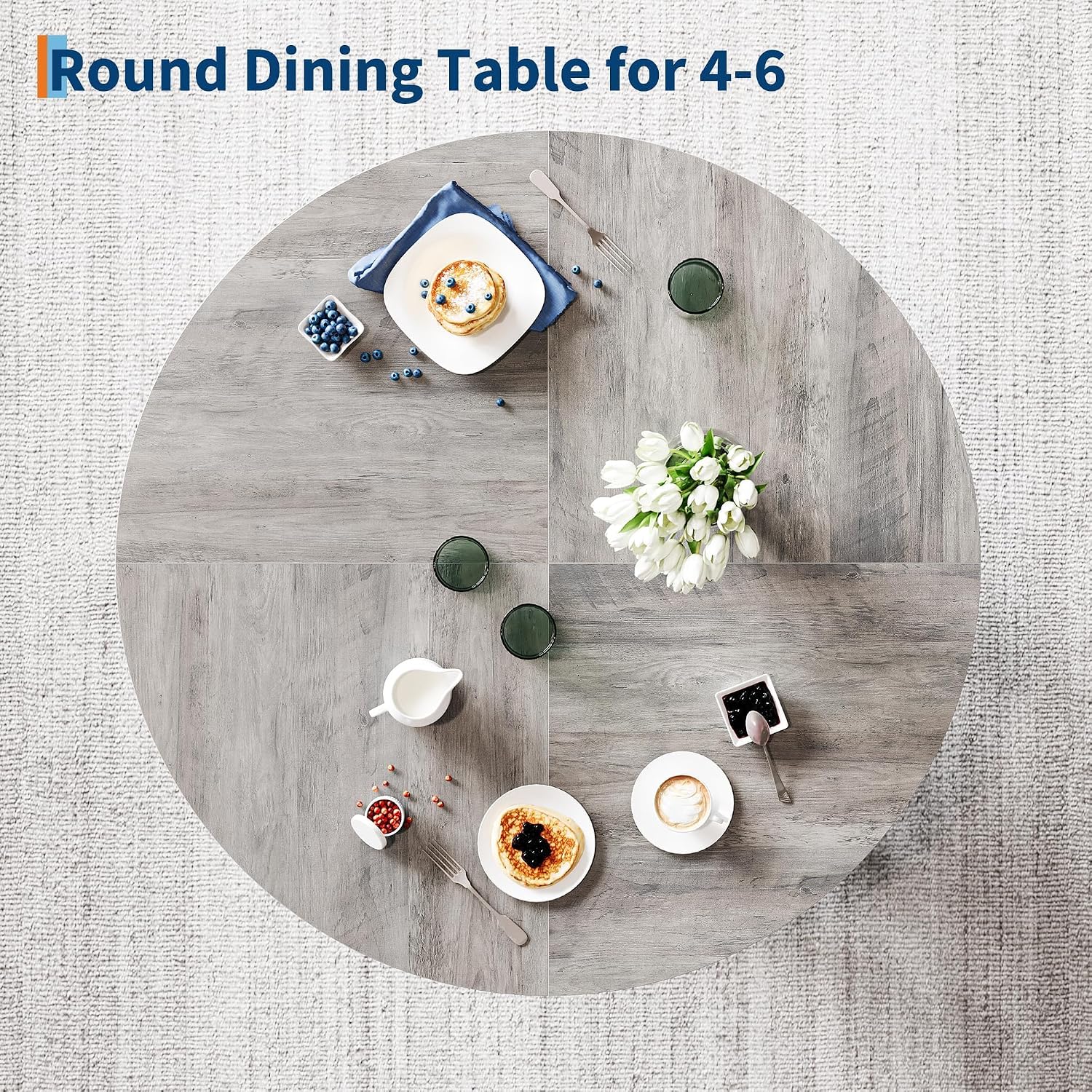 IDEALHOUSE 47' Round Dining Table for 4-6, Wood Kitchen Table with Sturdy Base, Farmhouse Circle Dinner Table for Dining Room, Living Room, 4 Strong Legs, Grey