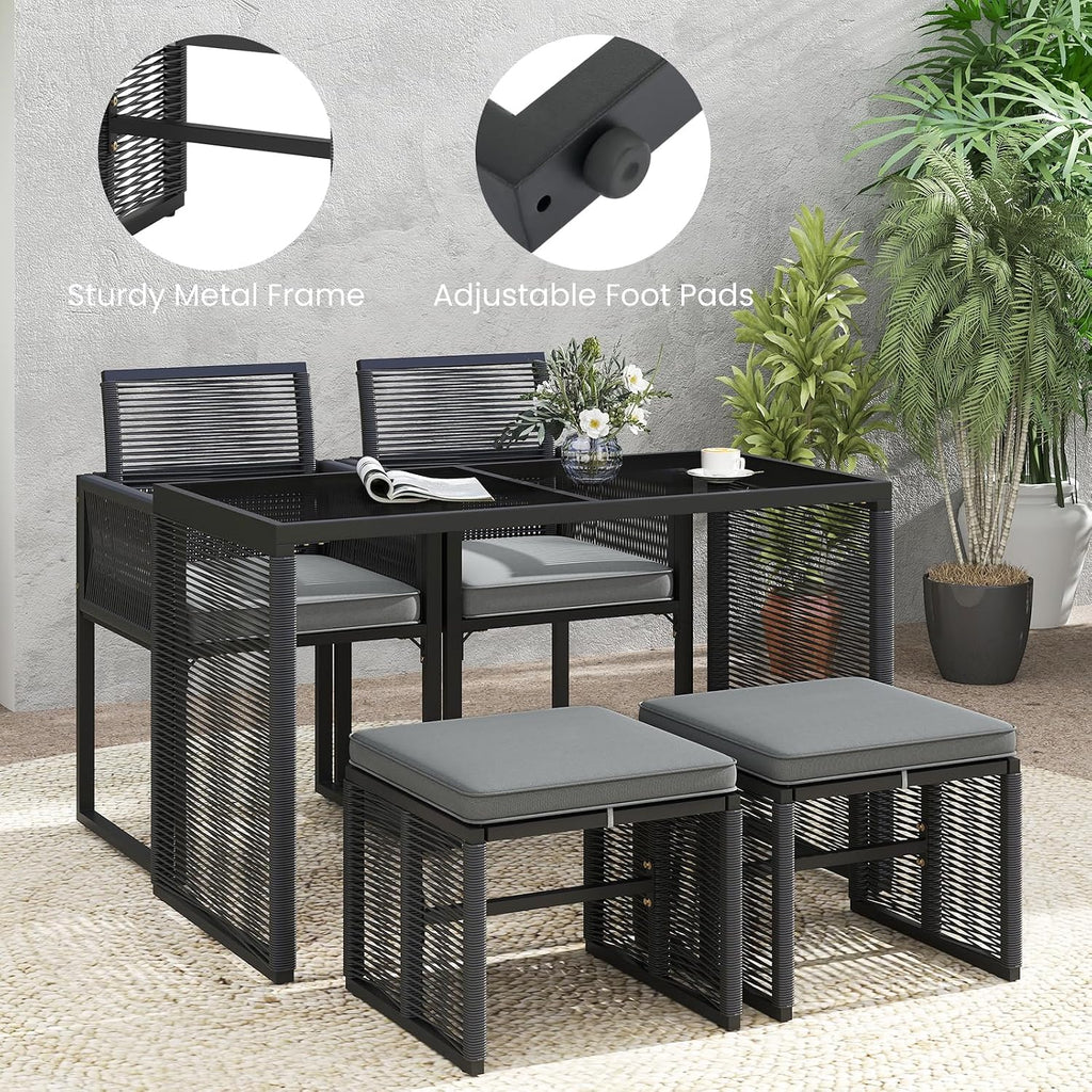 Tangkula 5 Pieces PE Wicker Patio Dining Set, Outdoor Conversation Set with Cushions, Space-Saving Patio Rattan Chair and Tempered Glass Table Set with Ottomans for Garden, Backyard & Poolside