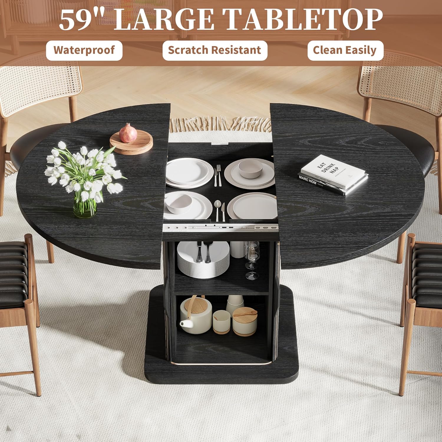 Extendable Black Round Dining Table for 4-6-8, 59 Inch Kitchen Dining Room Table with Storage, Modern Oval Circle Dinner Furniture, Fluted Wood Slide Door, for Home, Living Room, Farmhouse, Black