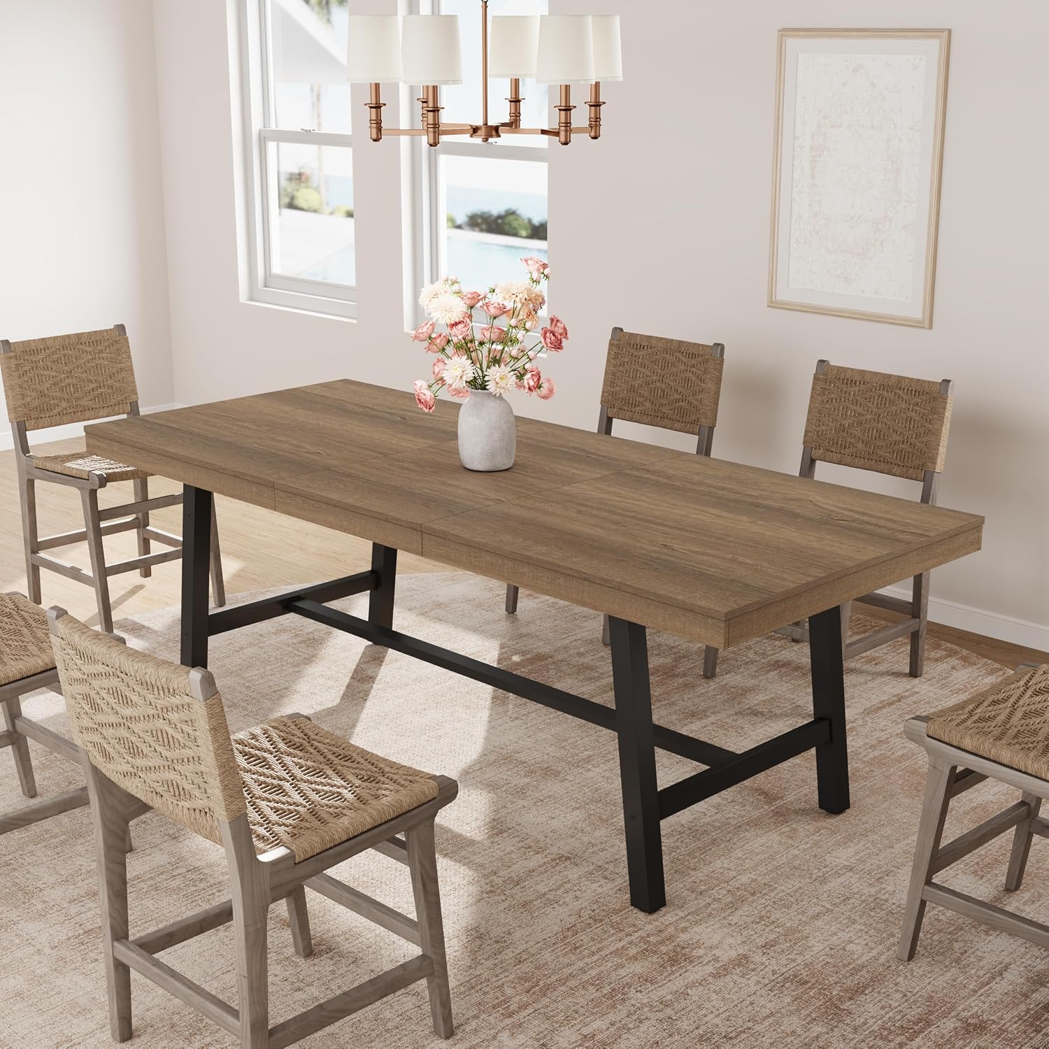 GarveeHome 63-83' Extendable Dining Table, Industrial Rectangular Dining Room Table for 6-8 People, Expandable Kitchen Table with Heavy Duty Metal Frame for Dining Room, Kitchen & Parties, Rustic Pear