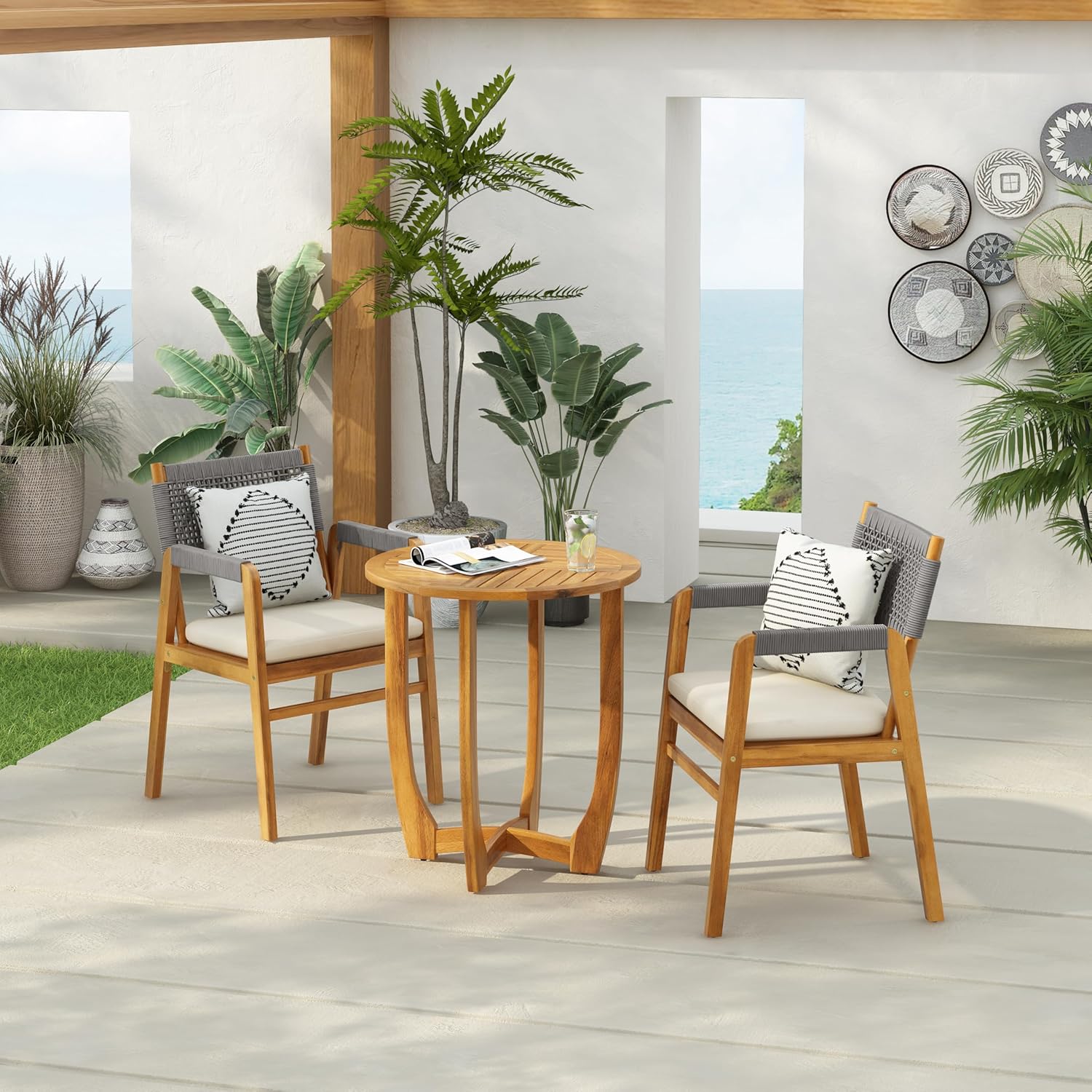 Christopher Knight Home Zed 3 Pieces Outdoor Dining Set, Acacia Wood Dining Chairs and Table, Slats Panel Design Round Table, Wooden Frame, 2 Seater Bistro Set for Balcony Backyard Garden, Teak+Grey