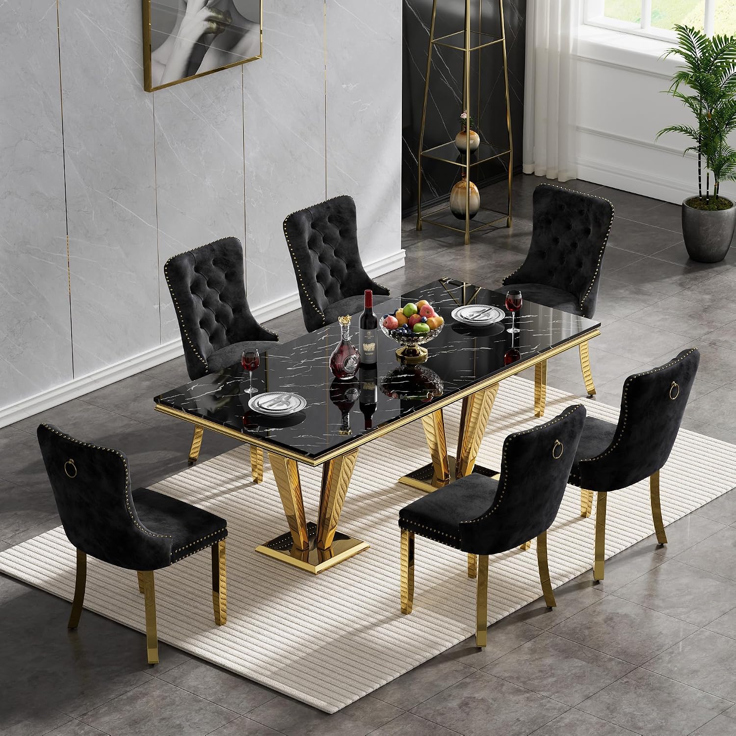 68' Luxury Rectangular Marble Dining Table for 4 to 6, Black Faux Marble Kitchen Table with Gold X Shape Stainless Steel Pedestal, Modern Kitchen Dining Room Table for Breakfast Dinette Dinner Party