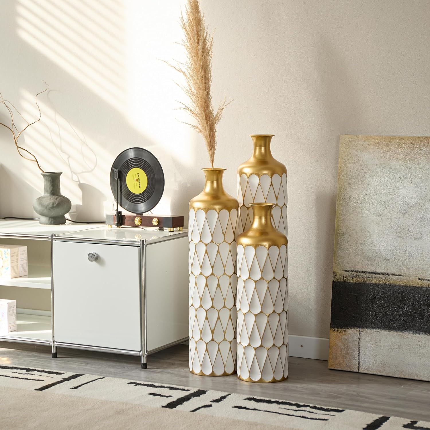 Decorative Floor Vases Set of 3, White and Gold Floral Pattern, Tall Ceramic Standing Vases for Home Decor (Gold+White Balloon)