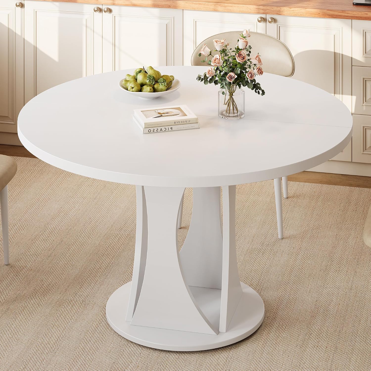 Einhomn Round Dining Table for 4-6, Kitchen Table with Sturdy Double Arc & Rounded Base & Backboard Clasp Desktop, Mid-Century Modern Circle Dinner Table for Dining Living Room, Space Saving, White