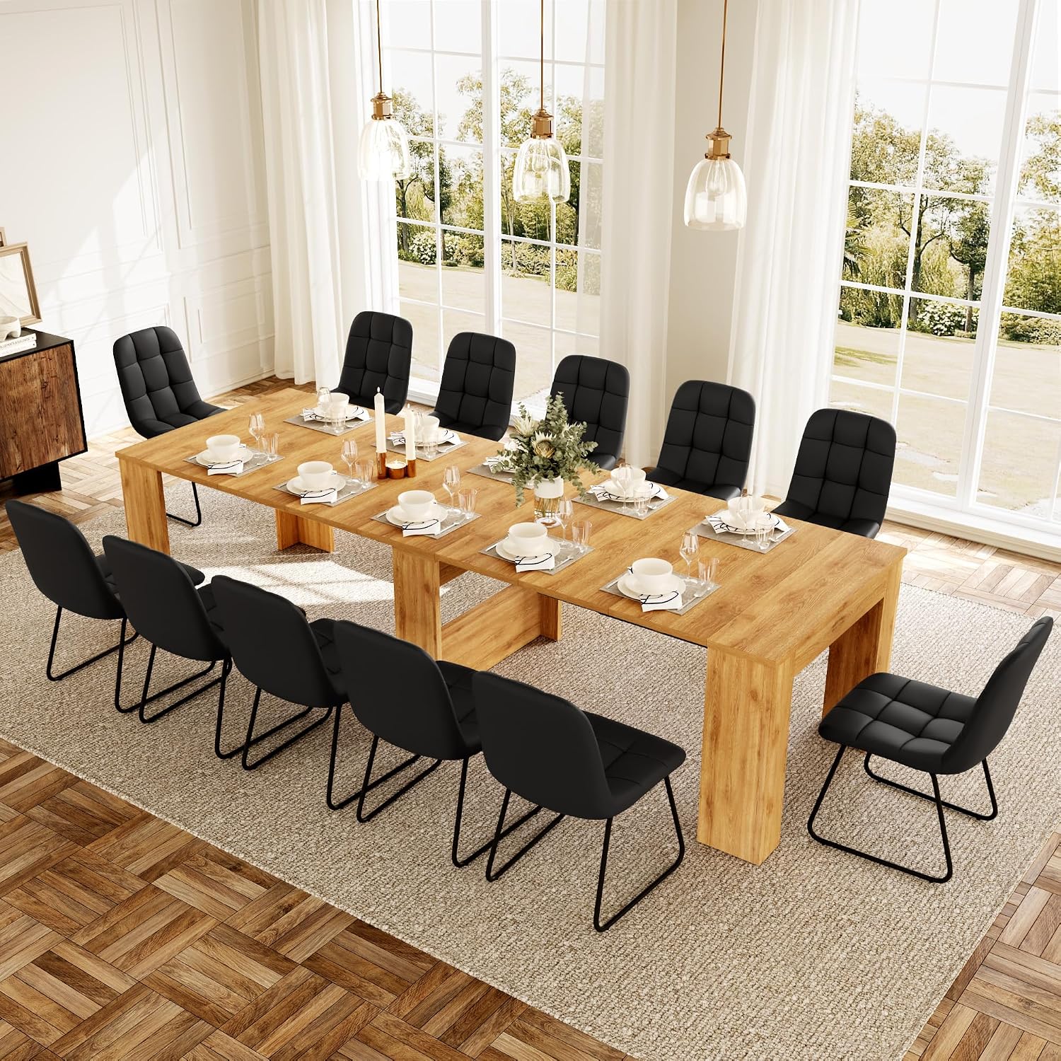 HIPIHOM 17.7'-118' Extendable Dining Table Set for 12, Extension Long Table Set with Extension Leaves Holder, Space-Saving for Meeting, Dining Room(Oak Table+12 U-Shaped Black Chairs)