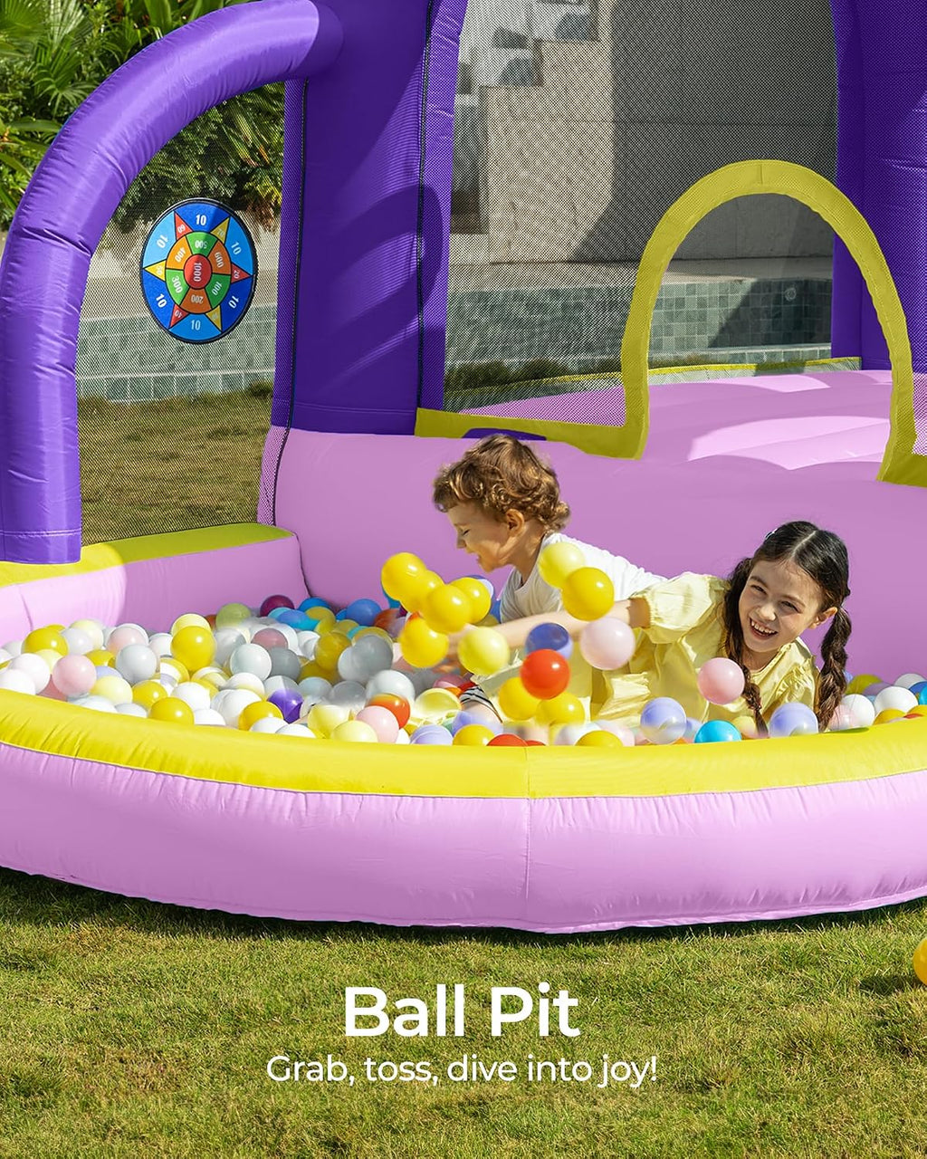 Outfunny Bounce House with Slide, Inflatable Bouncy House for Kids 3-12 w/Ball Pit, Outdoor & Indoor, Bounce Area 8'x8', Capacity 400 lb - Purple
