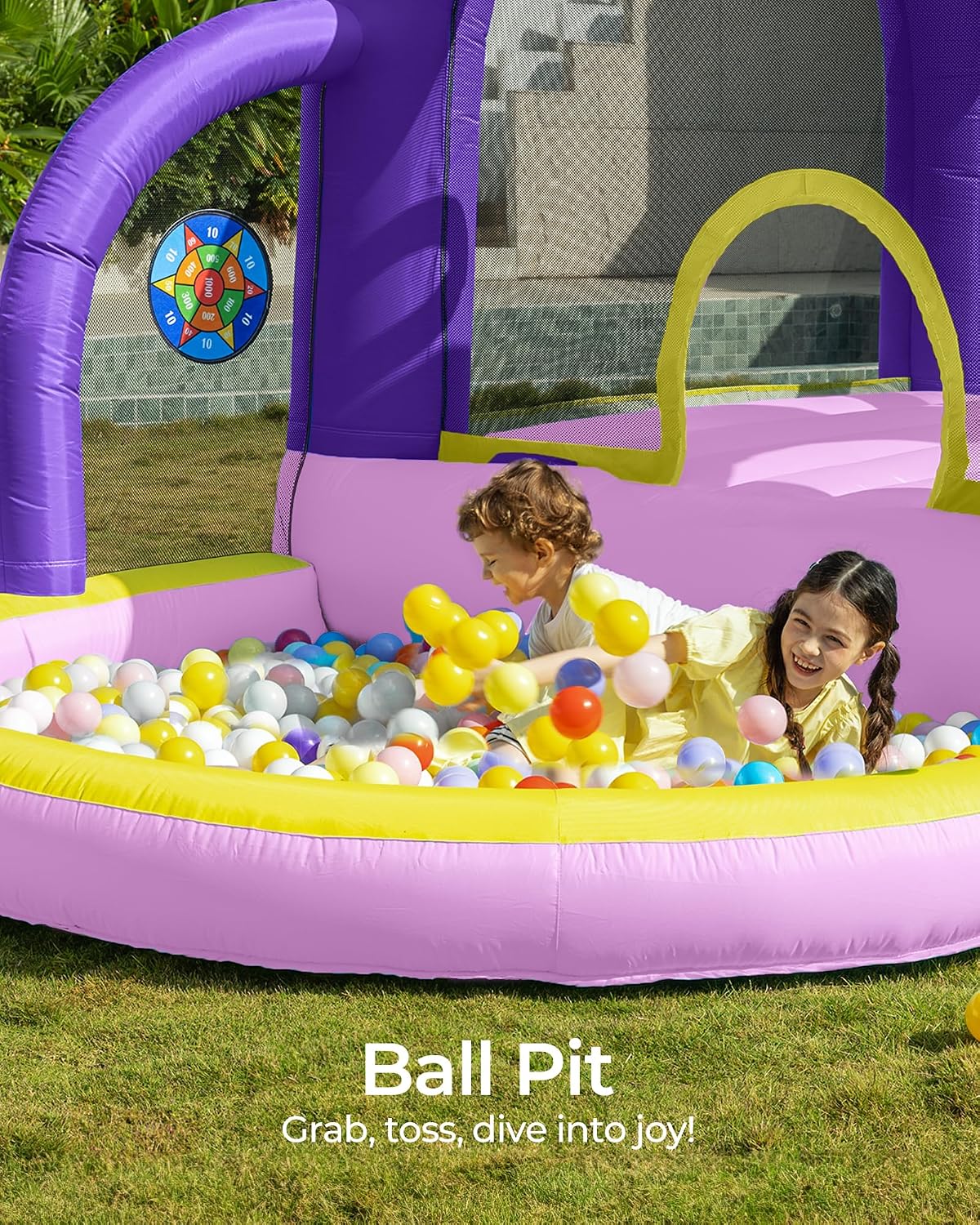 Outfunny Bounce House with Slide, Inflatable Bouncy House for Kids 3-12 w/Ball Pit, Outdoor & Indoor, Bounce Area 8'x8', Capacity 400 lb - Purple