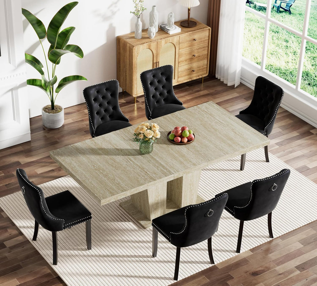 Henf 7 Pieces Extendable Dining Table Set for 6, 63'-79' Faux Mars Kitchen Table Set with 6 Black Chairs, Faux Marble Expandable Dining Room Tables Set for 6,Modern Dinner Tables Set for 6