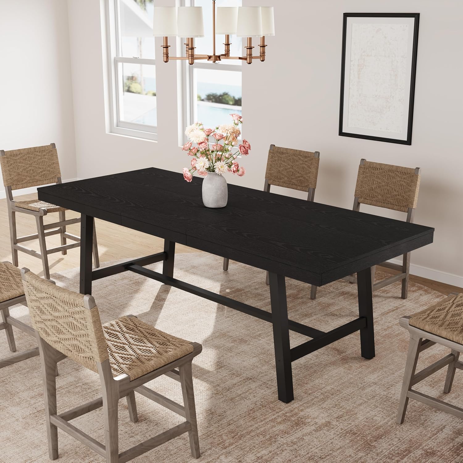 GarveeHome 63-83' Extendable Dining Table, Industrial Rectangular Dining Room Table for 6-8 People, Expandable Kitchen Table with Heavy Duty Metal Frame for Dining Room, Kitchen & Parties, Black