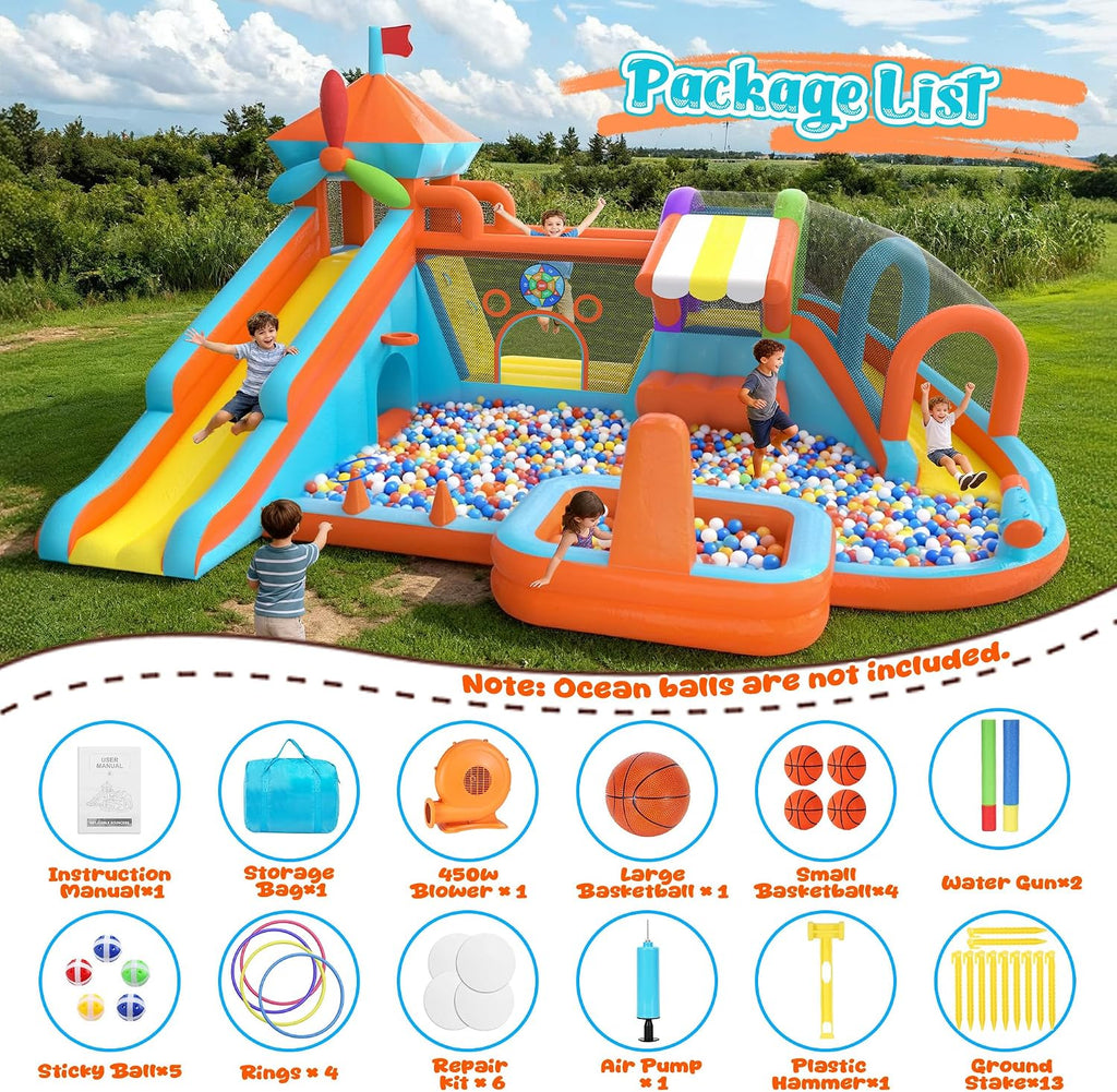 Water Bounce House for Big Kids 8-12, Double Water Slide Bounce House with 750W Blower, Toy Stand, Climbing Wall, Jumping, Water Gun, Splash Pool, Basketball Hoop for Indoor Outdoor Backyard