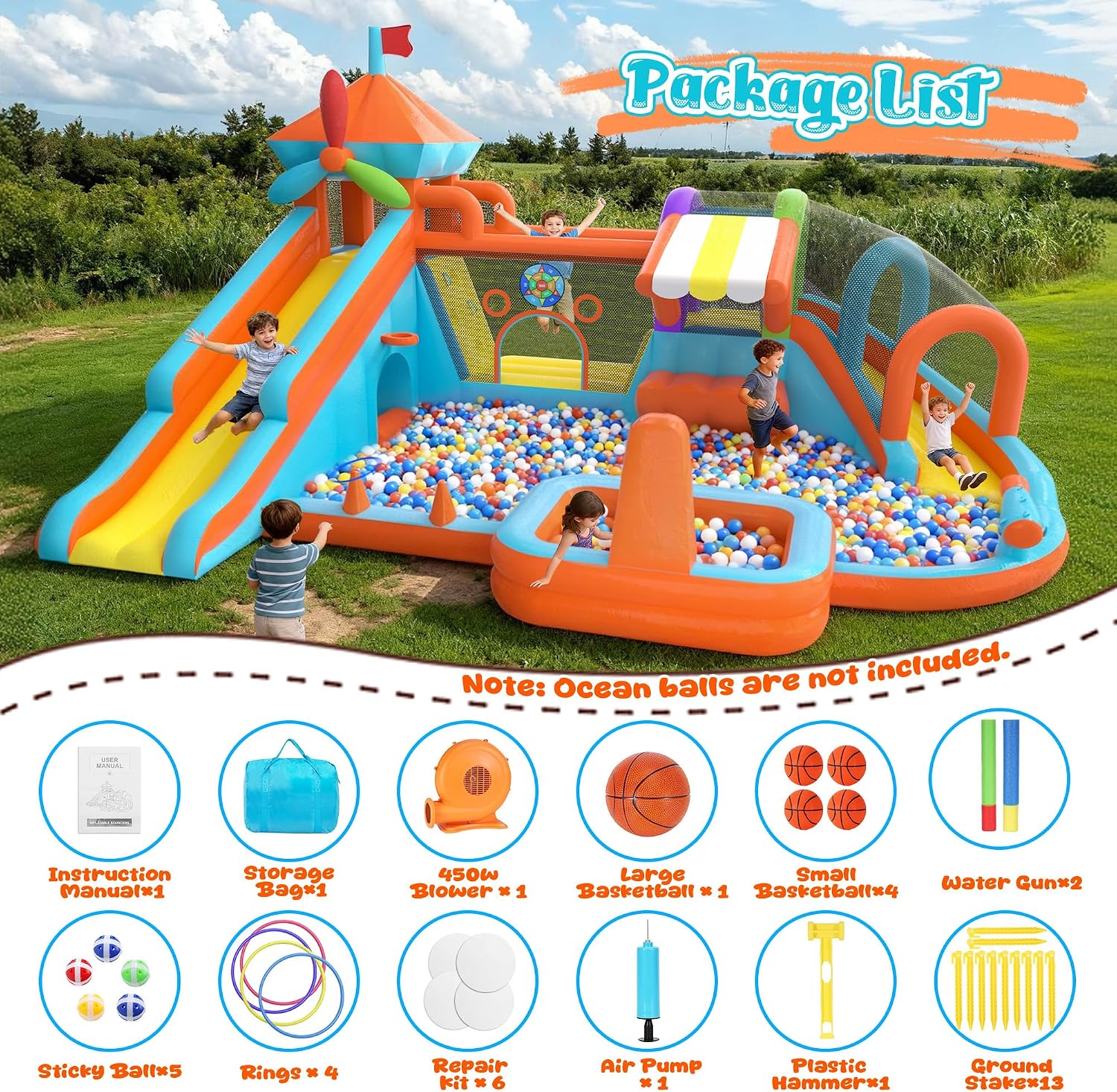 Water Bounce House for Big Kids 8-12, Double Water Slide Bounce House with 750W Blower, Toy Stand, Climbing Wall, Jumping, Water Gun, Splash Pool, Basketball Hoop for Indoor Outdoor Backyard