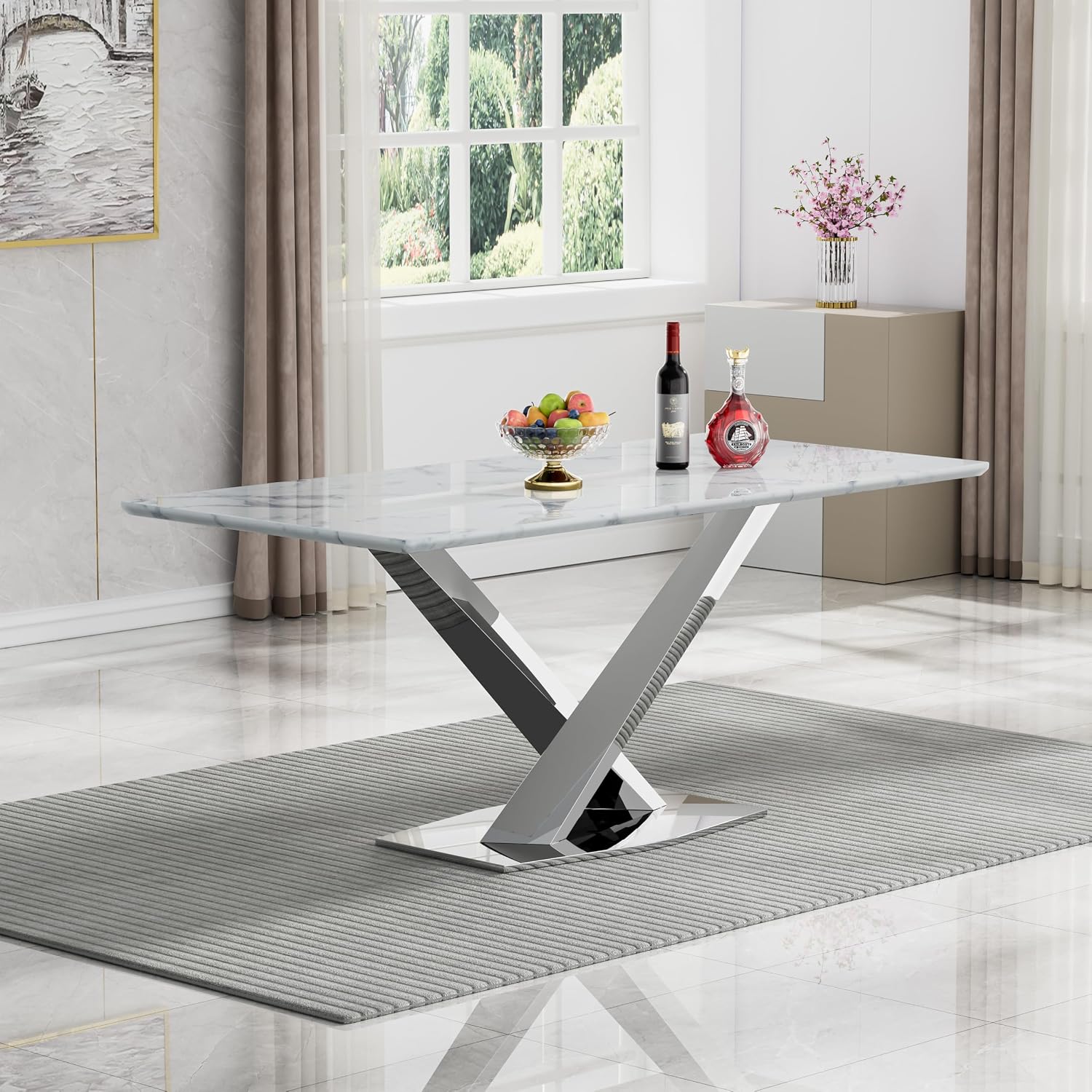 70' White Marble Dining Table for 4 to 6, Modern Faux Marble Kitchen Table with Silver X Shape Stainless Steel Pedestal, Luxury Rectangular Kitchen Dining Room Table for Breakfast Dinette Dinner Party