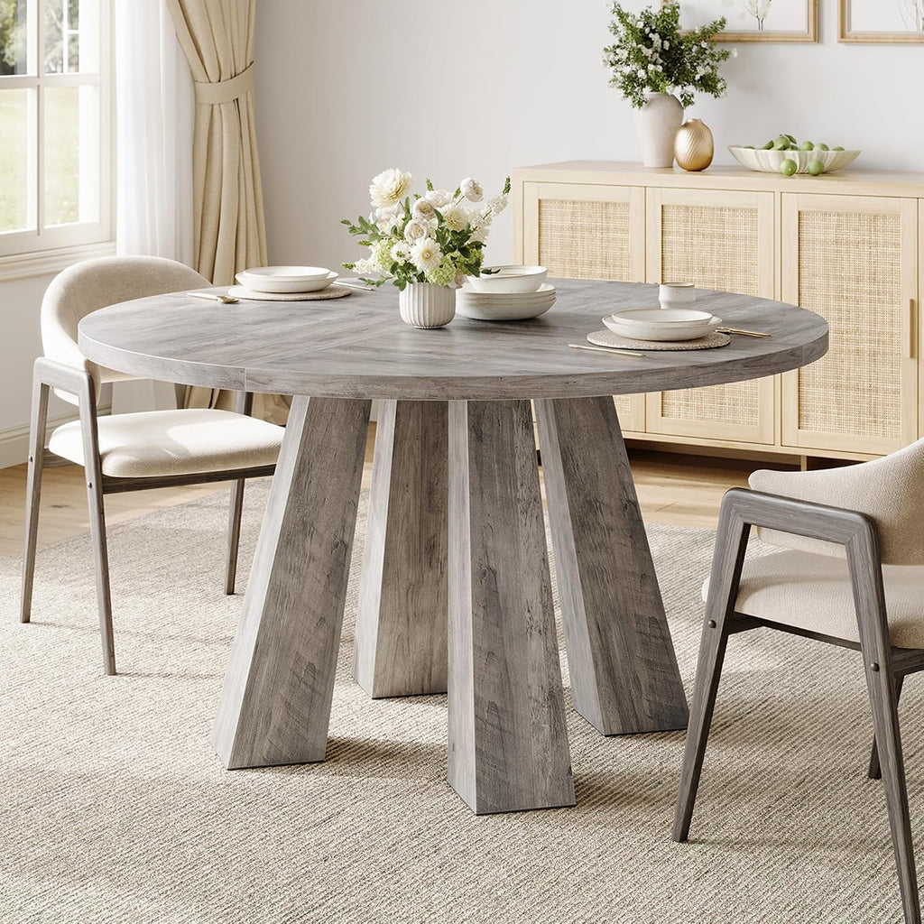 IDEALHOUSE 47' Round Dining Table for 4-6, Wood Kitchen Table with Sturdy Base, Farmhouse Circle Dinner Table for Dining Room, Living Room, 4 Strong Legs, Grey