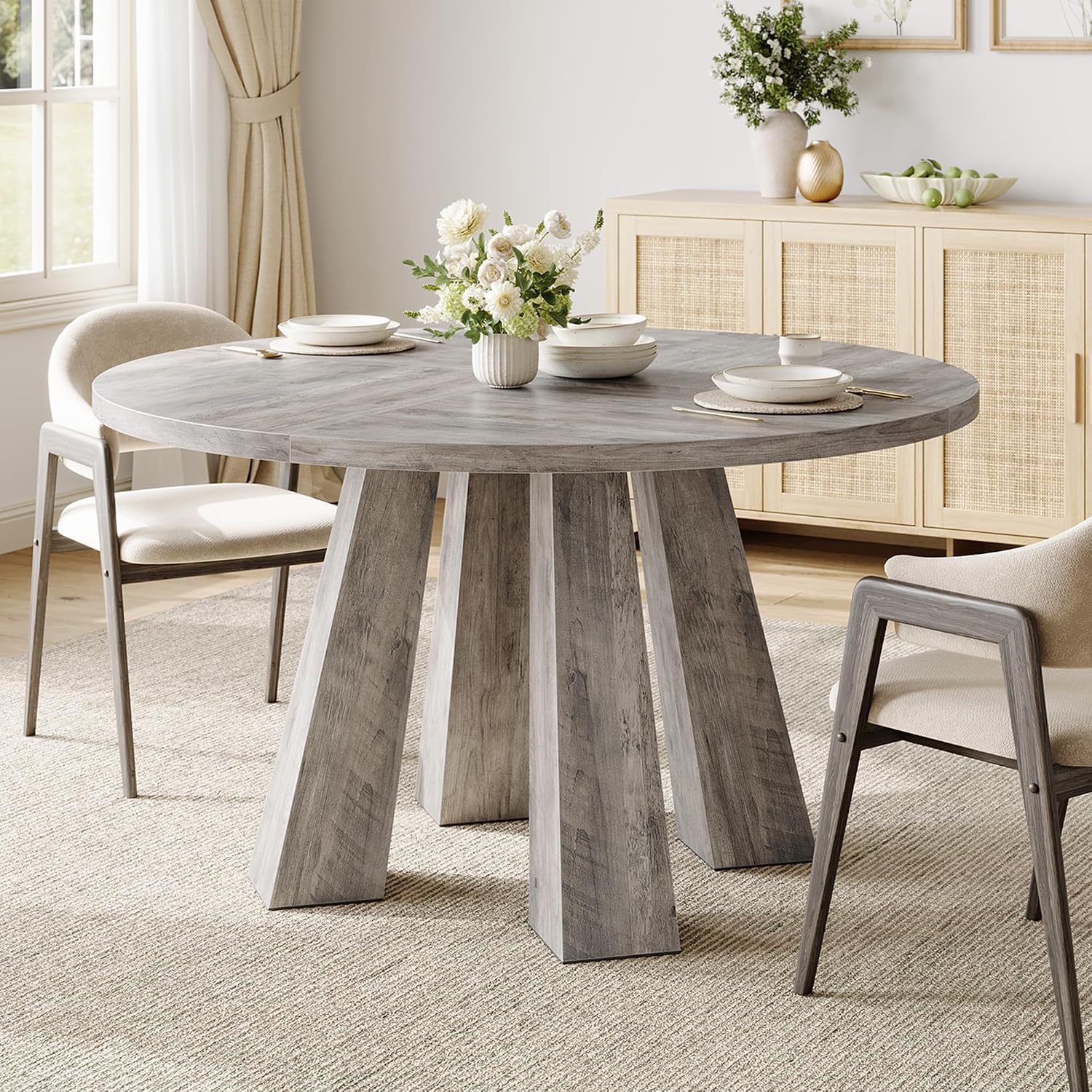 IDEALHOUSE 47' Round Dining Table for 4-6, Wood Kitchen Table with Sturdy Base, Farmhouse Circle Dinner Table for Dining Room, Living Room, 4 Strong Legs, Grey