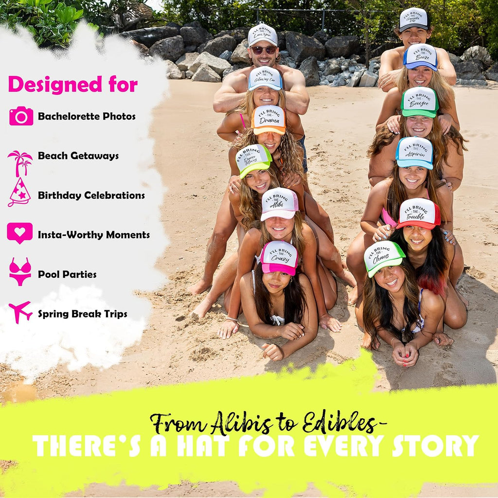 Funky Junque Women's Funny Trucker Hats: Adult Humor for Bachelorette & Girls Trips, Groups 3-25, Mesh Hat - I'll Bring The's