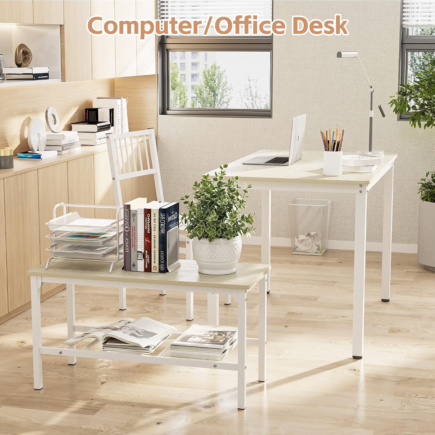 Teraves Dining Table Set/Computer Desk,Kitchen Table with 2 Chairs and a Bench,Table and Chairs 4 Piece Set for Dining Room (Beige, 110CM)